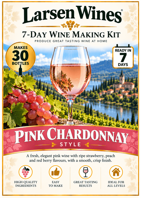 Larsen Pink Chardonnay Style Wine kit packaging featuring a glass of pink wine and grapes, makes 30 bottles, ready in 7 days.