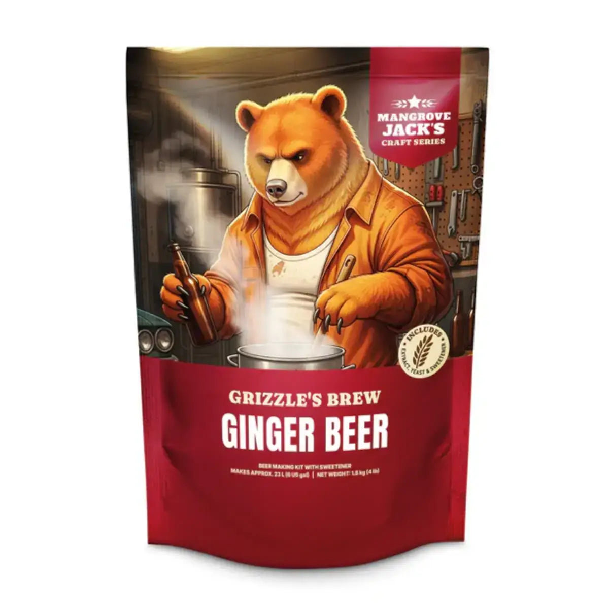 Grizzle's Brew Ginger Beer packaging featuring an animated bear cooking in a kitchen setting.