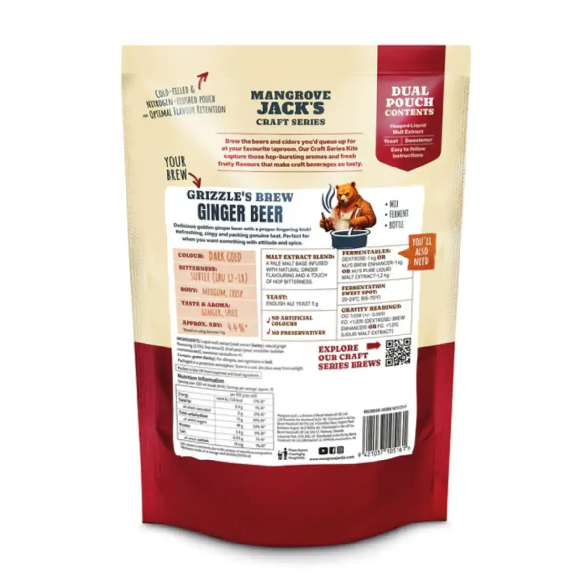 Back of Mangrove Jack's Grizzle's Brew Ginger Beer pouch showing ingredients and brewing instructions.
