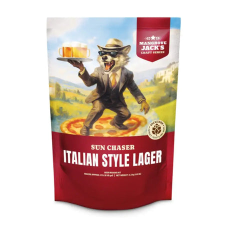 Sun Chaser Italian Style Lager Beer Kit packaging featuring a raccoon in a suit serving beer and pizza.
