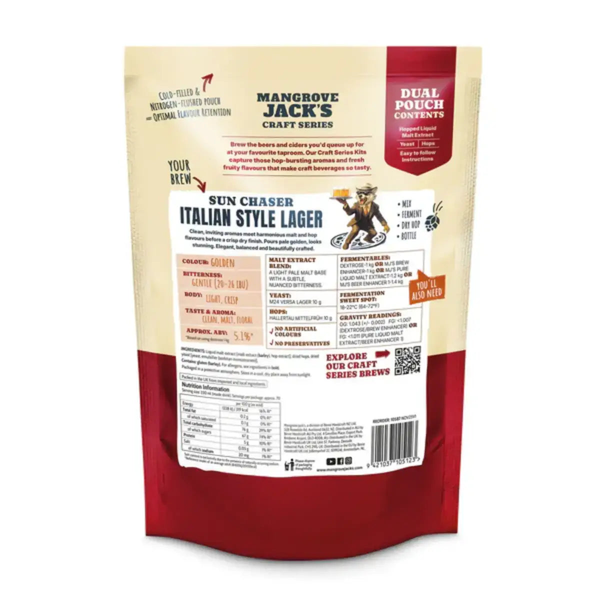 Sun Chaser Italian Style Lager Beer Kit packaging featuring detailed brewing instructions and ingredients.
