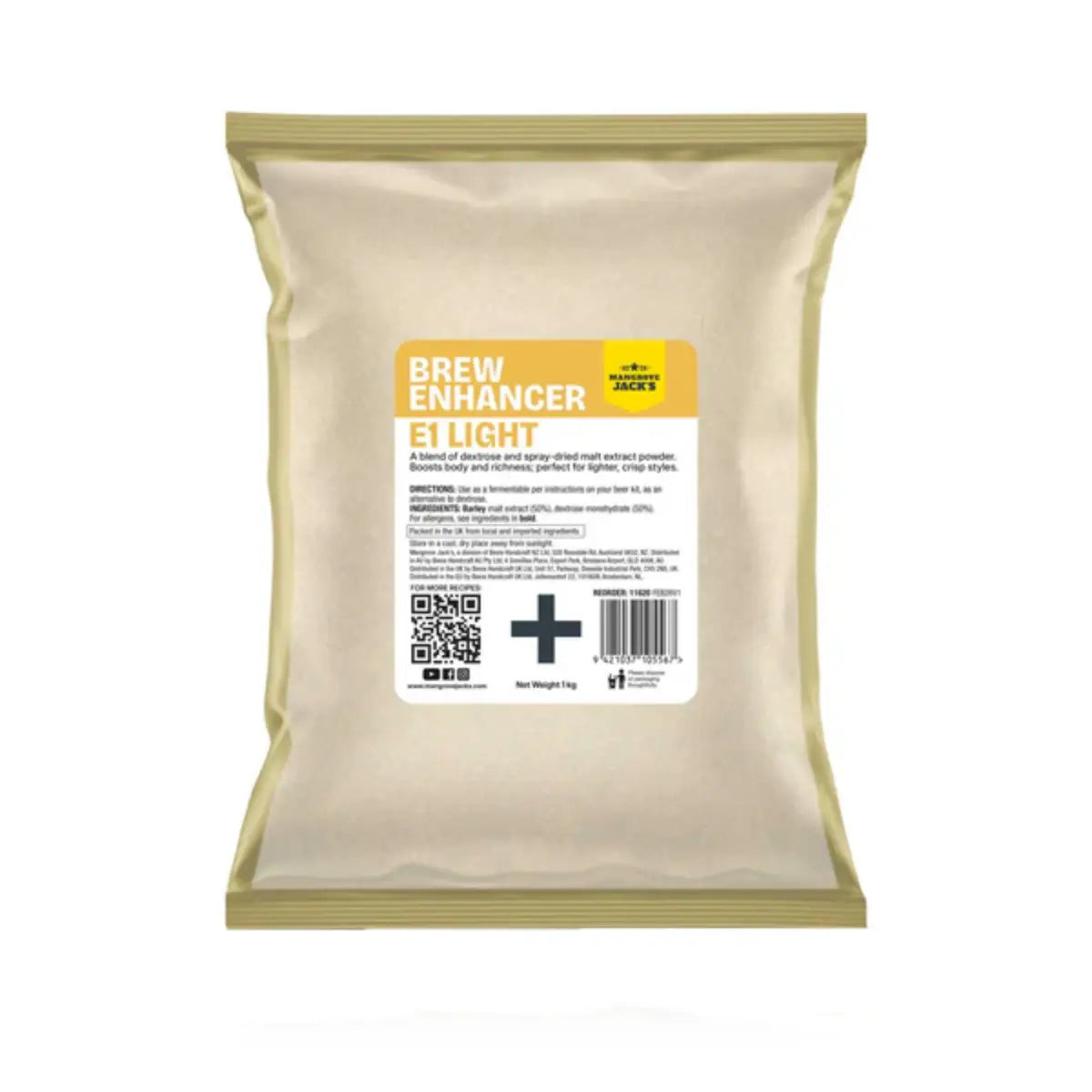 E1 Light Brew Enhancer 1kg packaging featuring detailed product information and branding from Mangrove Jack's.