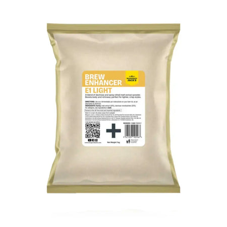 E1 Light Brew Enhancer 1kg packaging featuring detailed product information and branding from Mangrove Jack's.