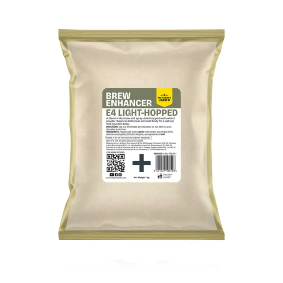 E4 Light Hopped Brew Enhancer 1kg package from Mangrove Jack's with informative label and QR code.