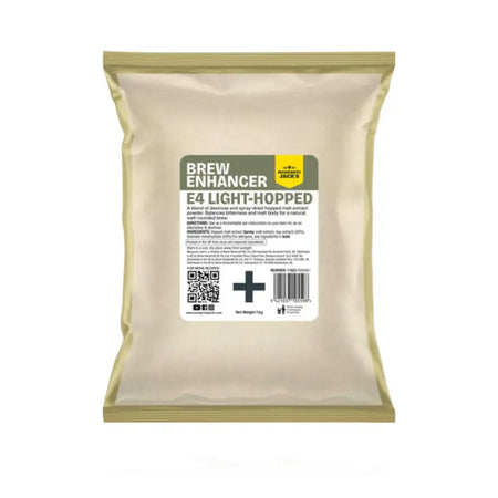 E4 Light Hopped Brew Enhancer 1kg package from Mangrove Jack's with informative label and QR code.