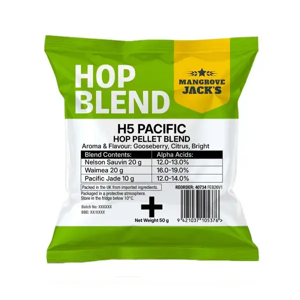 H5 Pacific Hop Pellet Blend 50g packaging featuring bright and fresh aroma, ideal for brewing.