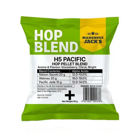 H5 Pacific Hop Pellet Blend 50g packaging featuring bright and fresh aroma, ideal for brewing.