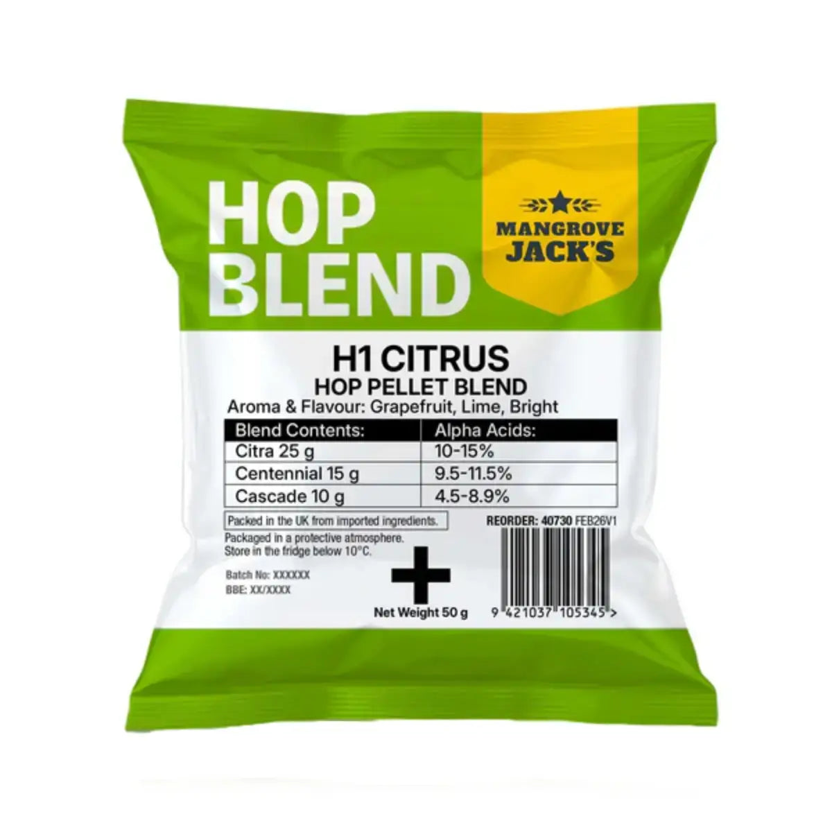 H1 Citrus Hop Pellet Blend 50g packaging showing bright grapefruit and lime hop blend details.