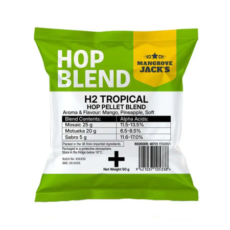 H2 Tropical Hop Pellet Blend 50g packaging displaying hop blend details with aroma and flavor notes of mango and pineapple.