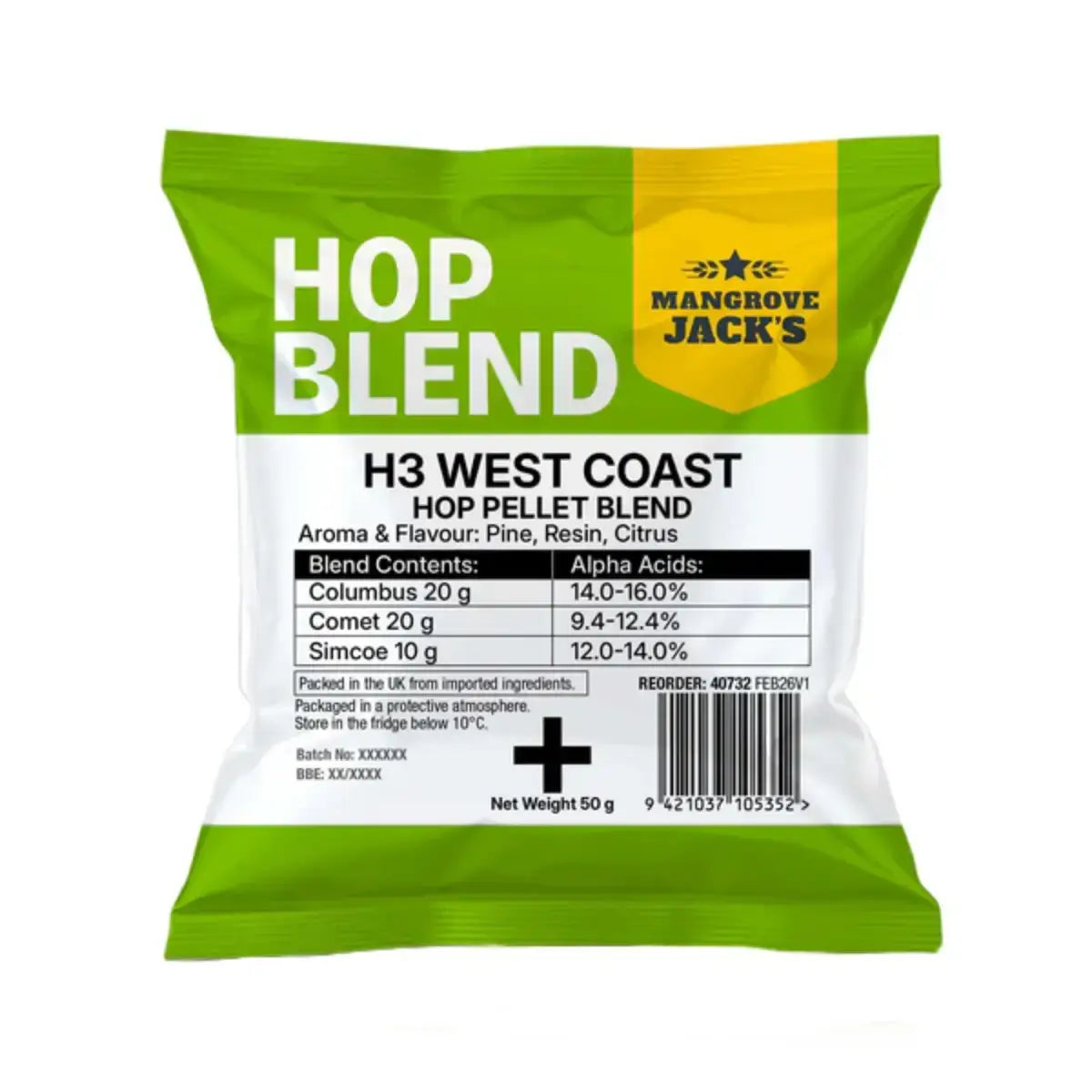 H3 West Coast Hop Pellet Blend 50g packaging highlighting hop blend contents and aroma flavors.