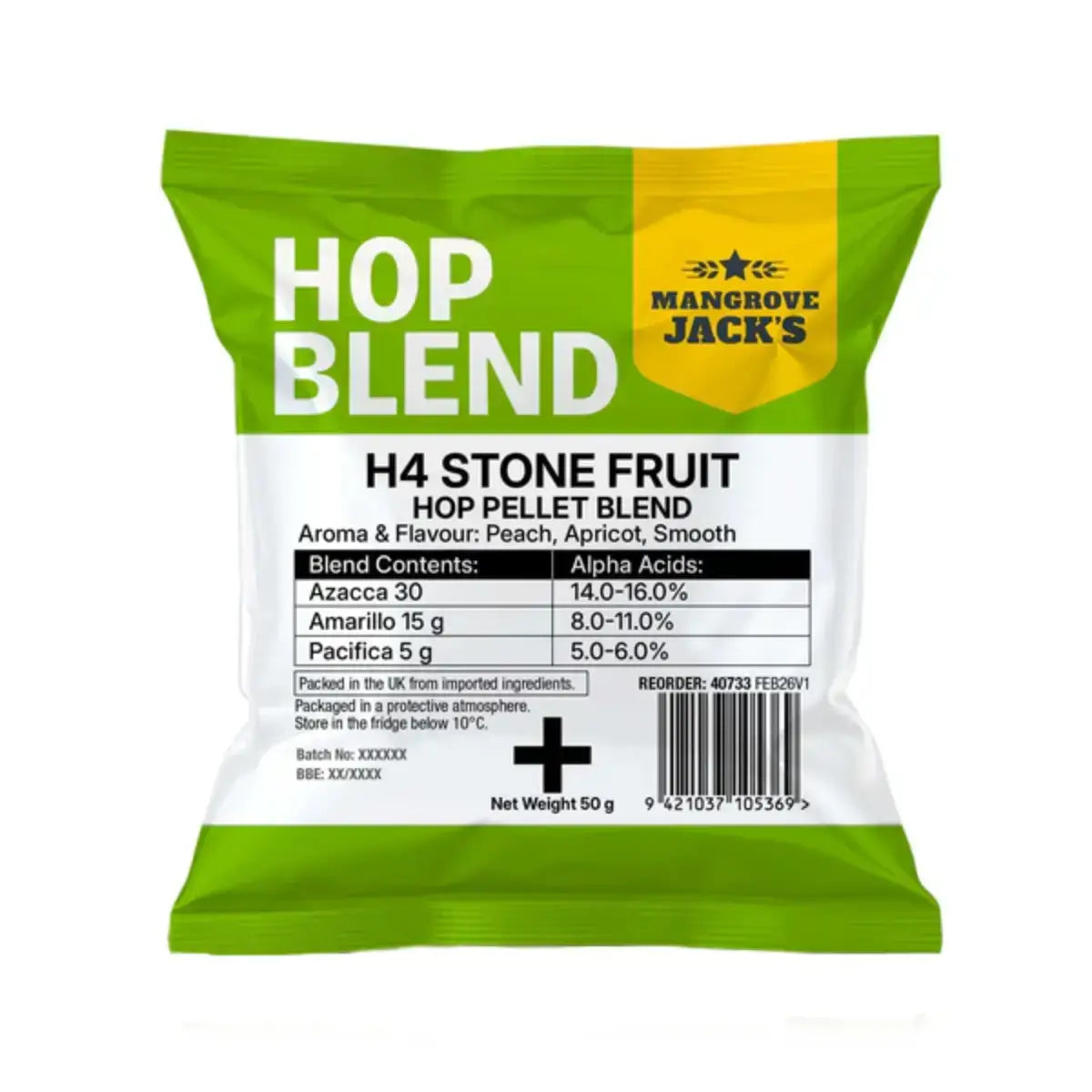 H4 Stone Fruit Hop Pellet Blend 50g package featuring peach and apricot aroma, smooth flavor profile.