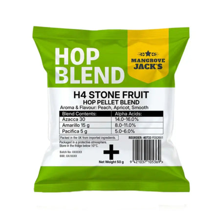 H4 Stone Fruit Hop Pellet Blend 50g package featuring peach and apricot aroma, smooth flavor profile.