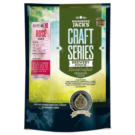 Mangrove Jacks Craft Series Apple Rosé Kit packaging featuring artisanal cider ingredients and preparation details.