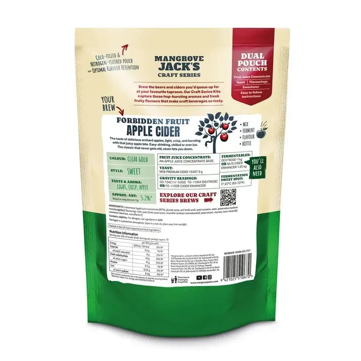 Mangrove Jack's Apple Cider Kit packaging featuring Forbidden Fruit flavor details and brewing instructions.