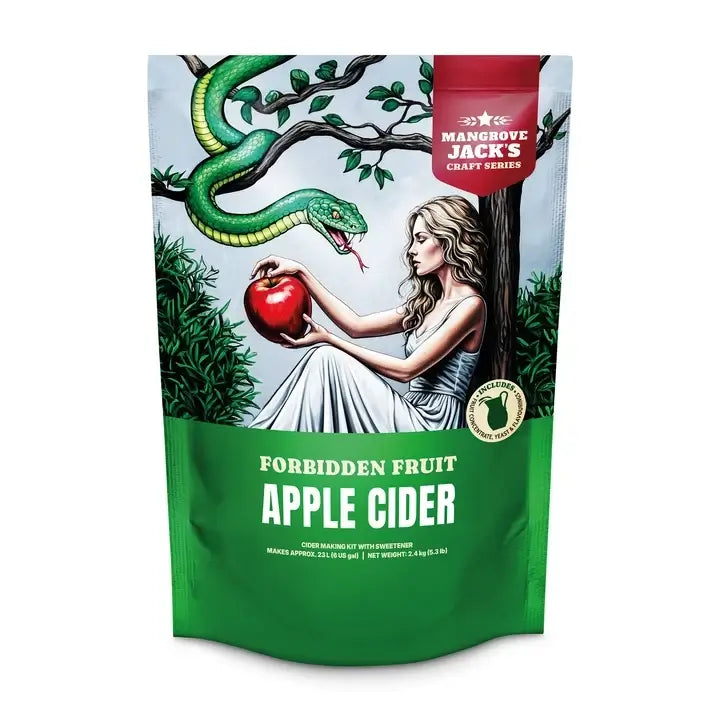 Mangrove Jack's Apple Cider Kit featuring a serpent and a woman holding an apple in a vibrant packaging design.