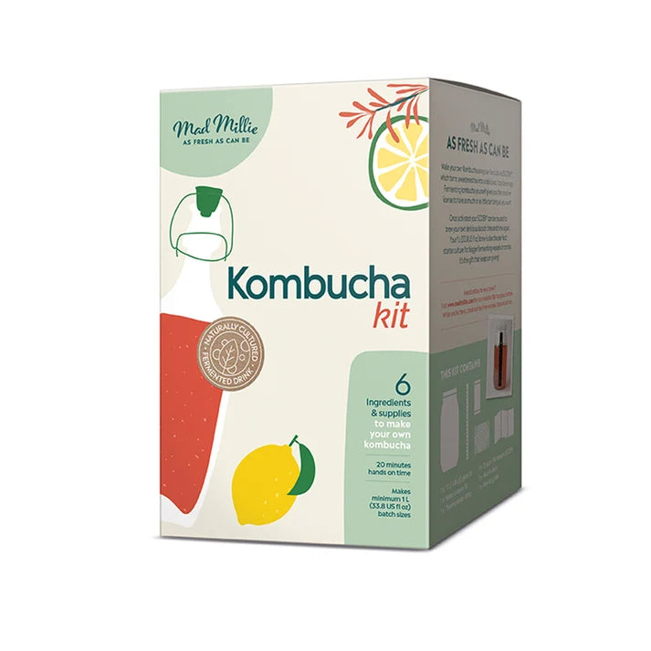 Mad Millie Kombucha Kit packaging showcasing ingredients and supplies for homemade kombucha.