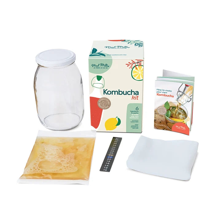 Mad Millie Kombucha Kit components including jar, ingredients, and instruction booklet for home brewing.