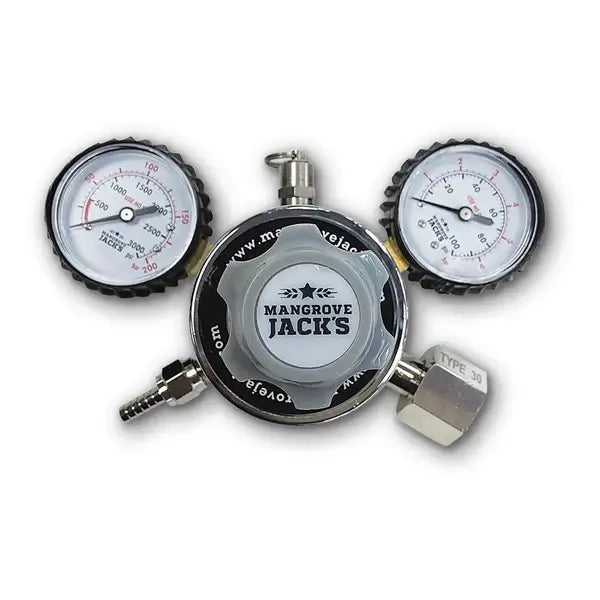 Dual Gauge CO2 Regulator from Mangrove Jack's with two pressure gauges and a central adjustment knob.