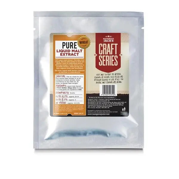 Wheat Liquid Malt Extract 1.5 kg - Mangrove Jack's package featuring detailed description and branding.