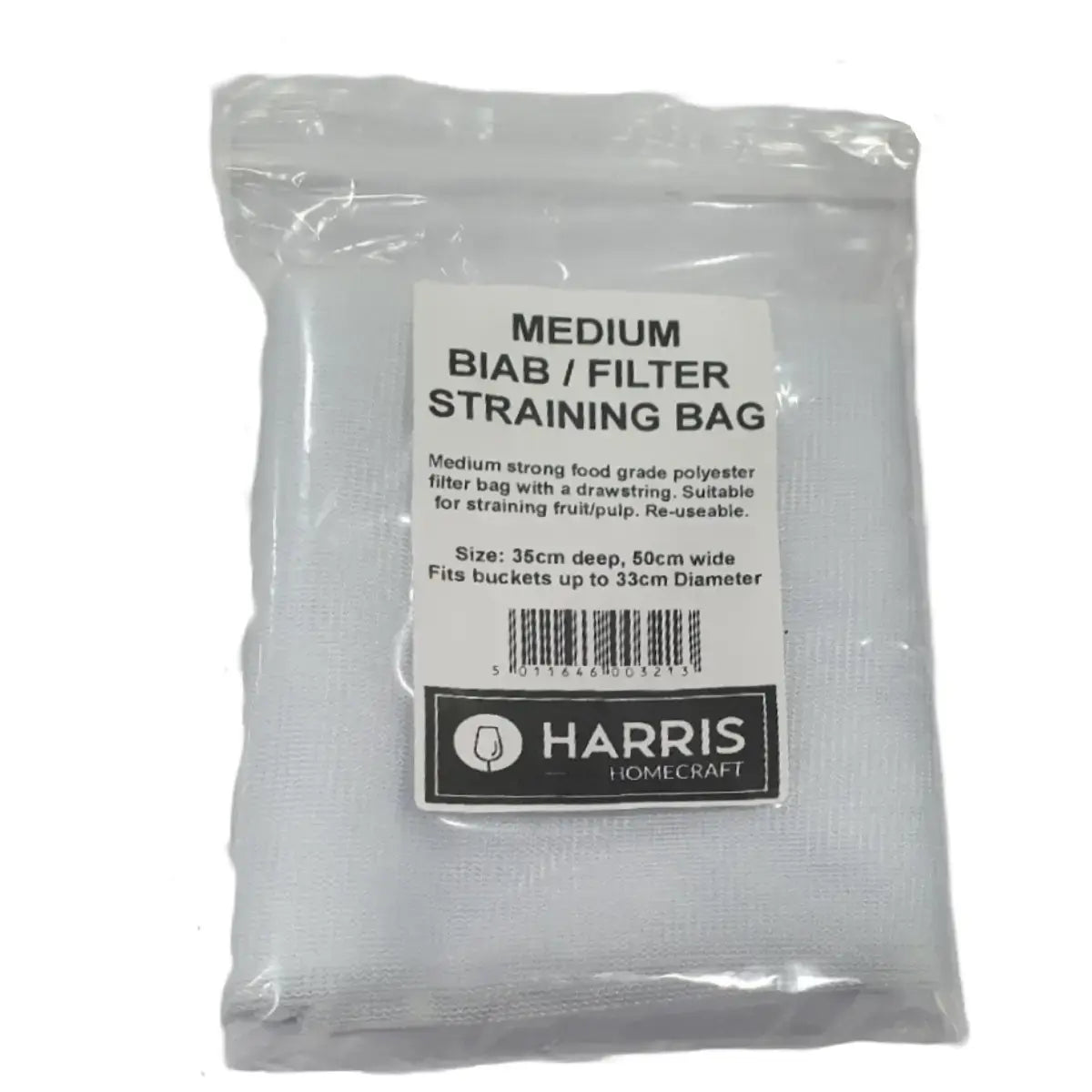 Harris Medium BIAB/Filter Straining Bag in packaging with details for brewing and straining, food-grade material.