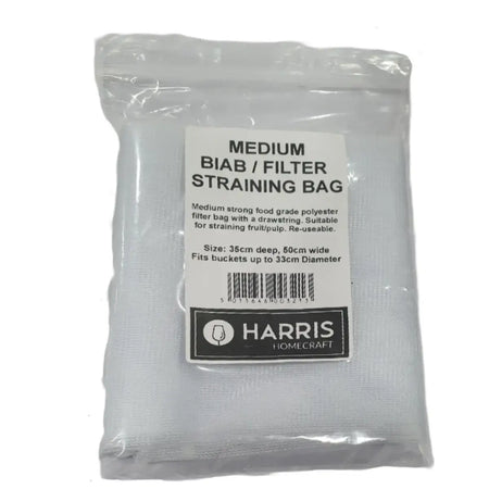 Harris Medium BIAB/Filter Straining Bag in packaging with details for brewing and straining, food-grade material.