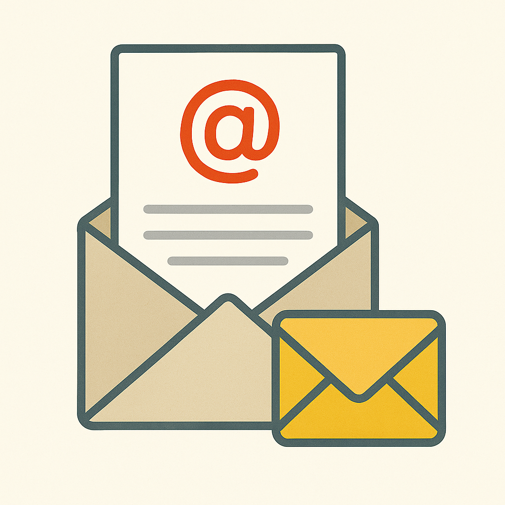 Illustration of an envelope with an email and '@' symbol, representing email communication.