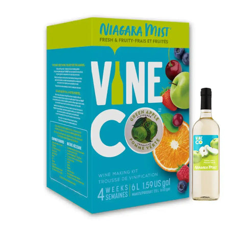 VineCo Niagara Mist Green Apple Wine Kit packaging with images of fruits and a bottle of wine.