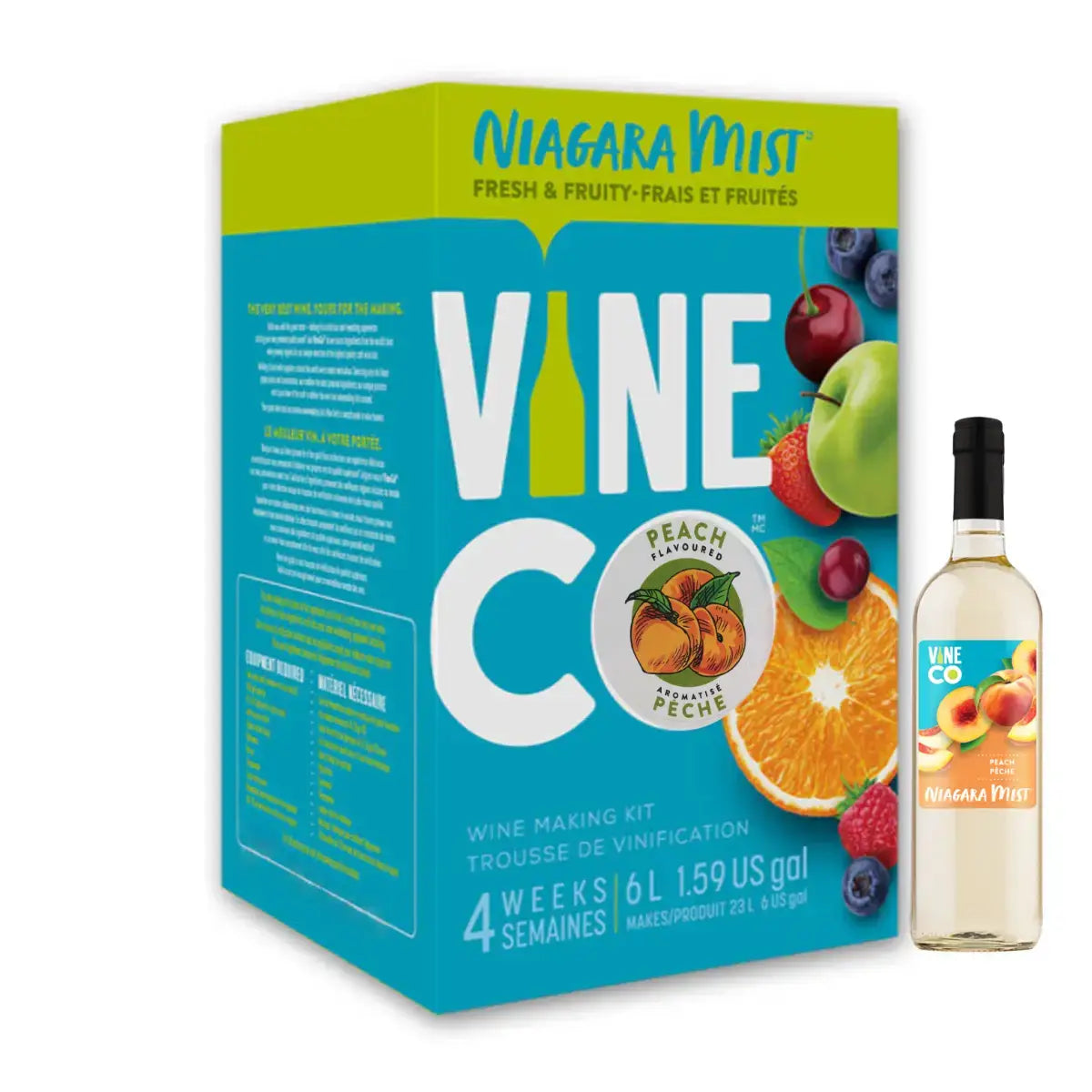 Niagara Mist Peach Wine Kit packaging and bottle, perfect for fruity homemade wine.