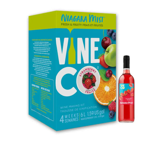 Niagara Mist Strawberry Wine Kit with colorful box and bottle, perfect for fruity homemade wine.
