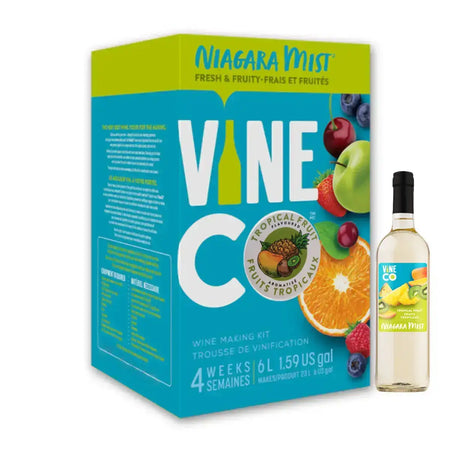 VineCo Niagara Mist Tropical Fruit Wine Kit packaging and bottle featuring fresh and fruity ingredients.