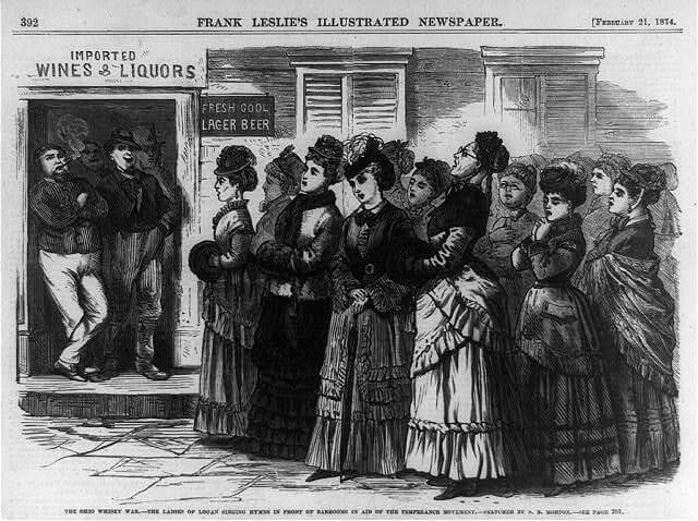 Historic illustration from 1874 showing women lined up outside a liquor store in period clothing.