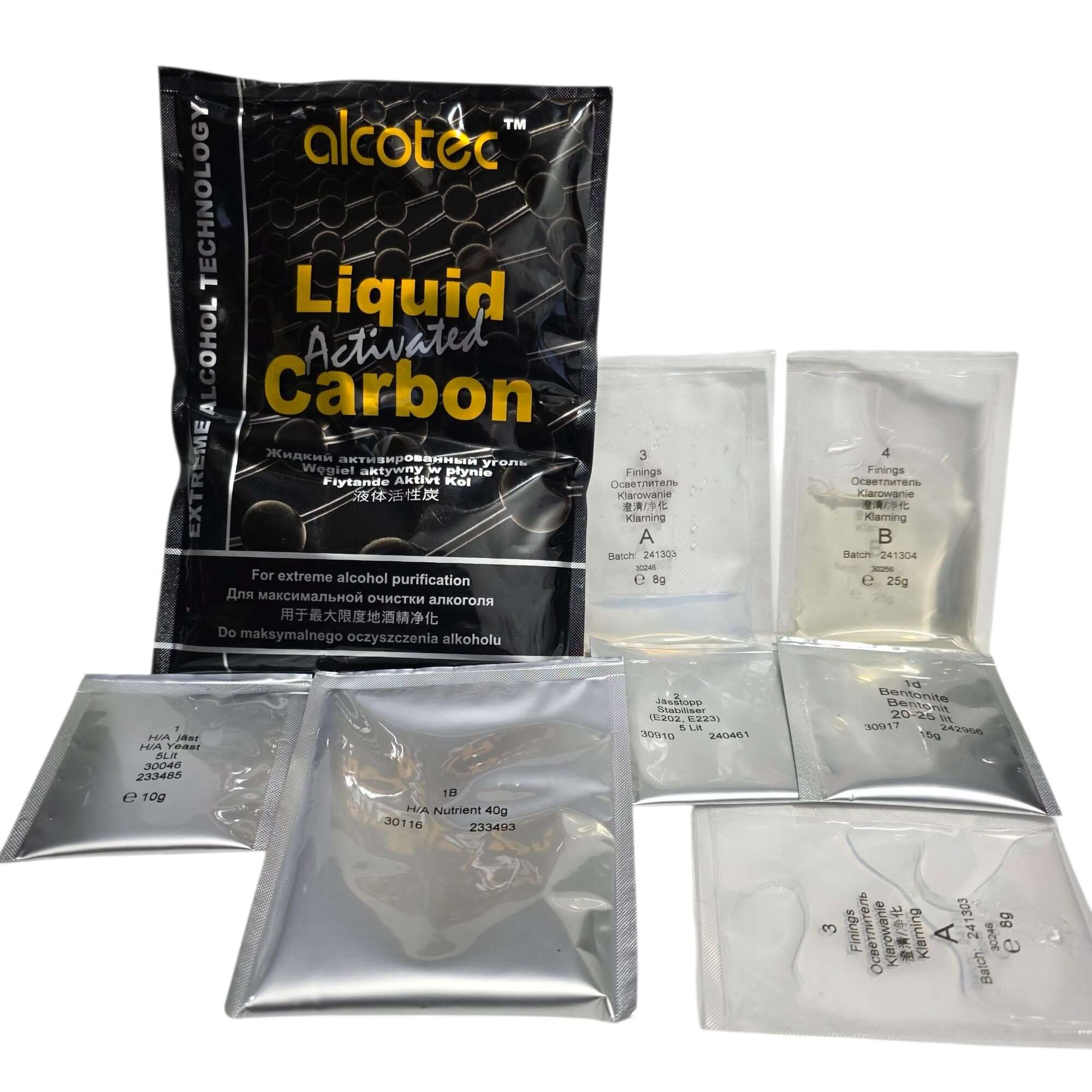 Alcotec Spirit Base Kit 5 Litres components including Liquid Activated Carbon for alcohol purification.