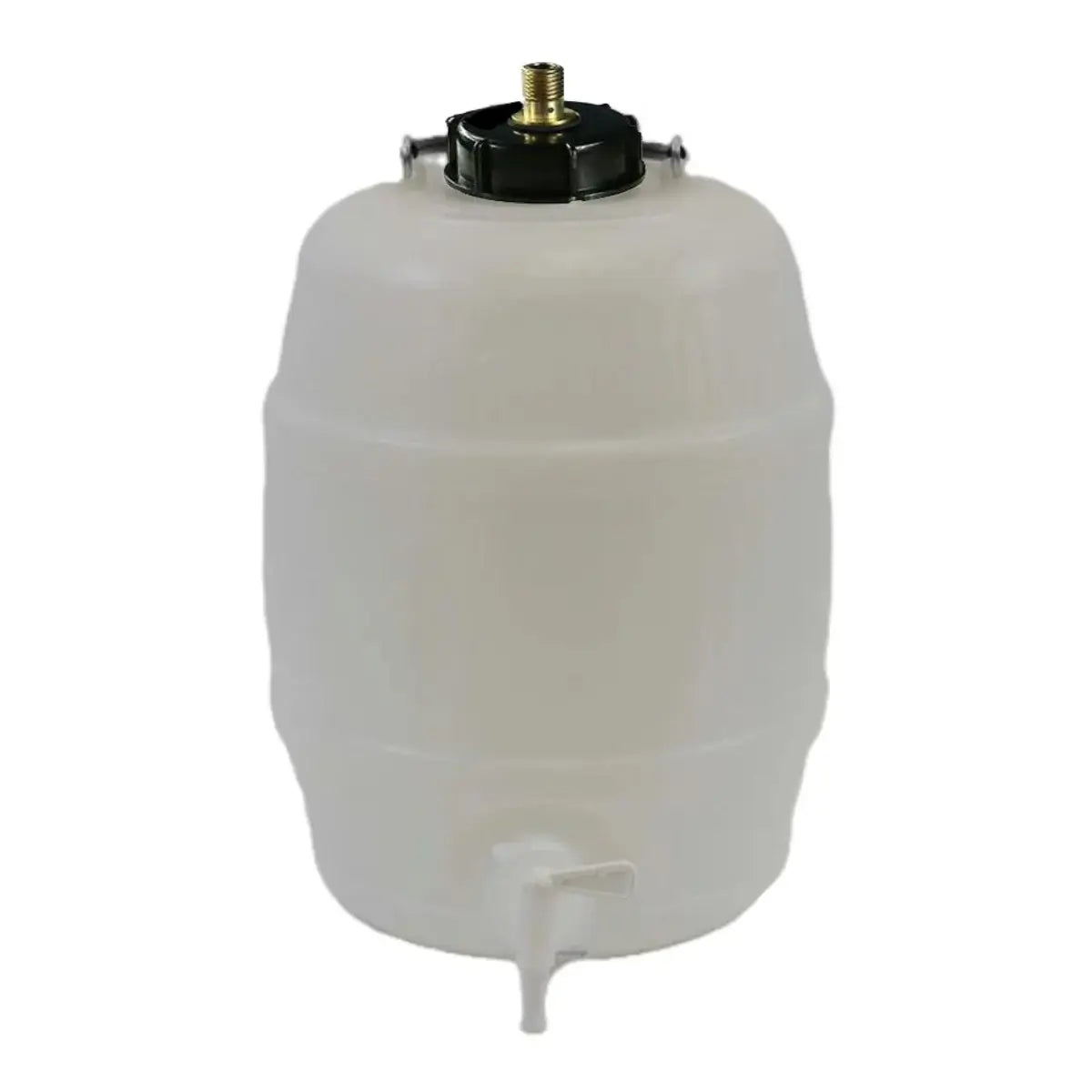 Plastic 2 gallon Barrel + Pin valve cap for homebrewing, featuring a reliable design and bottom tap for easy dispensing.