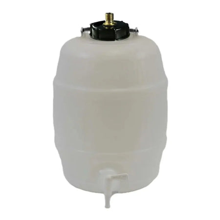 Plastic 2 gallon Barrel + Pin valve cap for homebrewing, featuring a reliable design and bottom tap for easy dispensing.