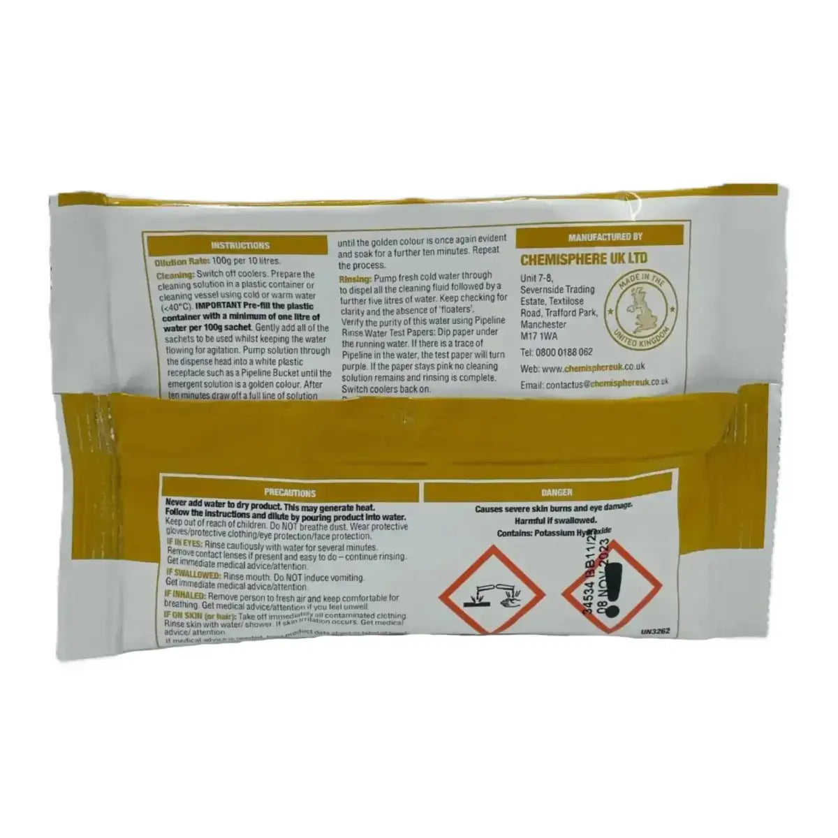 Pipeline Gold Beer Line Cleaner 100g powder package back showing instructions and safety information.
