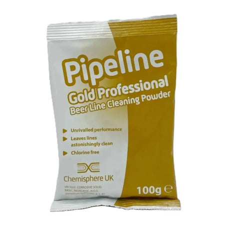 Pipeline Gold Beer Line Cleaner Powder 100g package featuring chlorine-free cleaning solution for beer line systems.