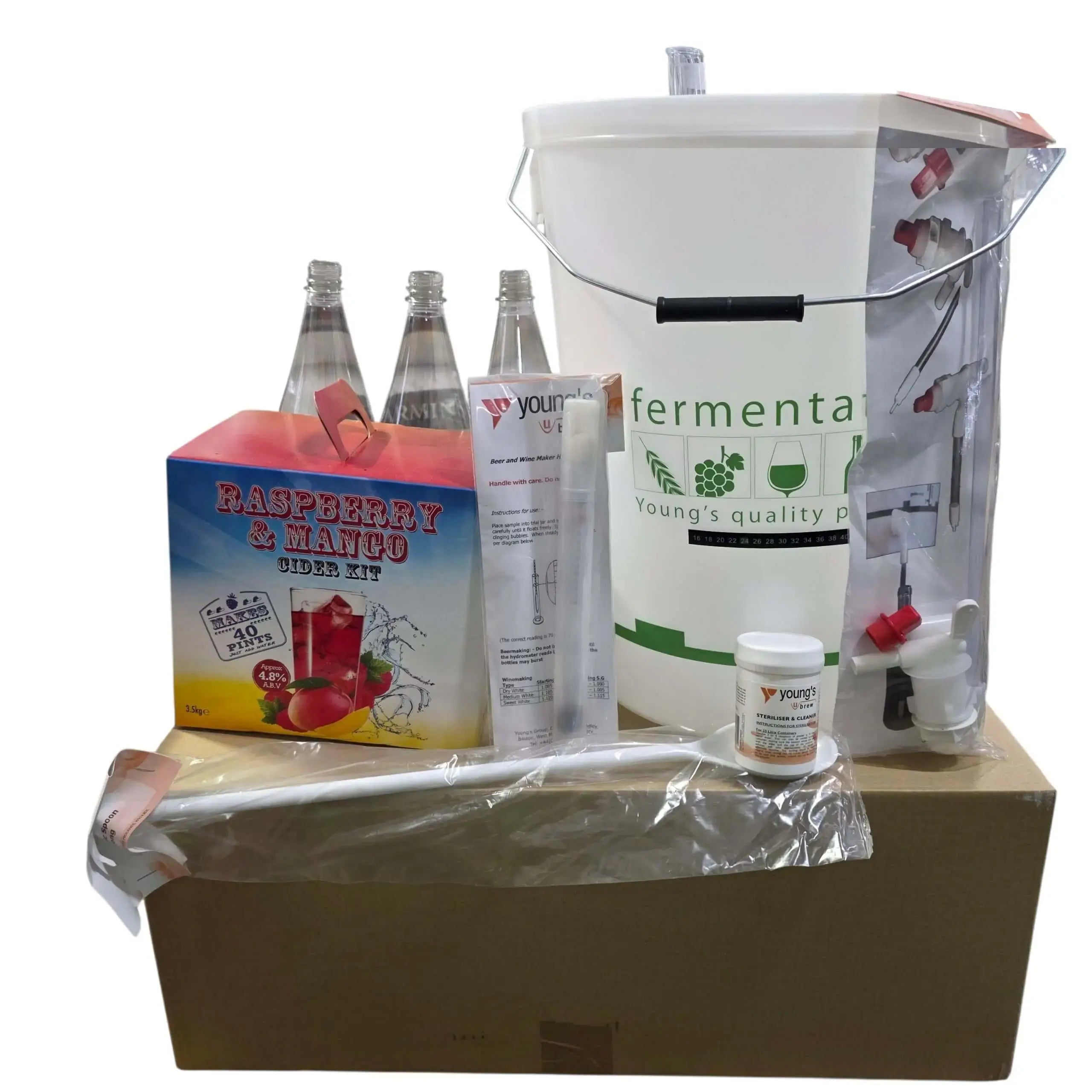 Raspberry & Mango Fruit Cider Starter Kit components including fermentation bucket, bottles, and essential ingredients.