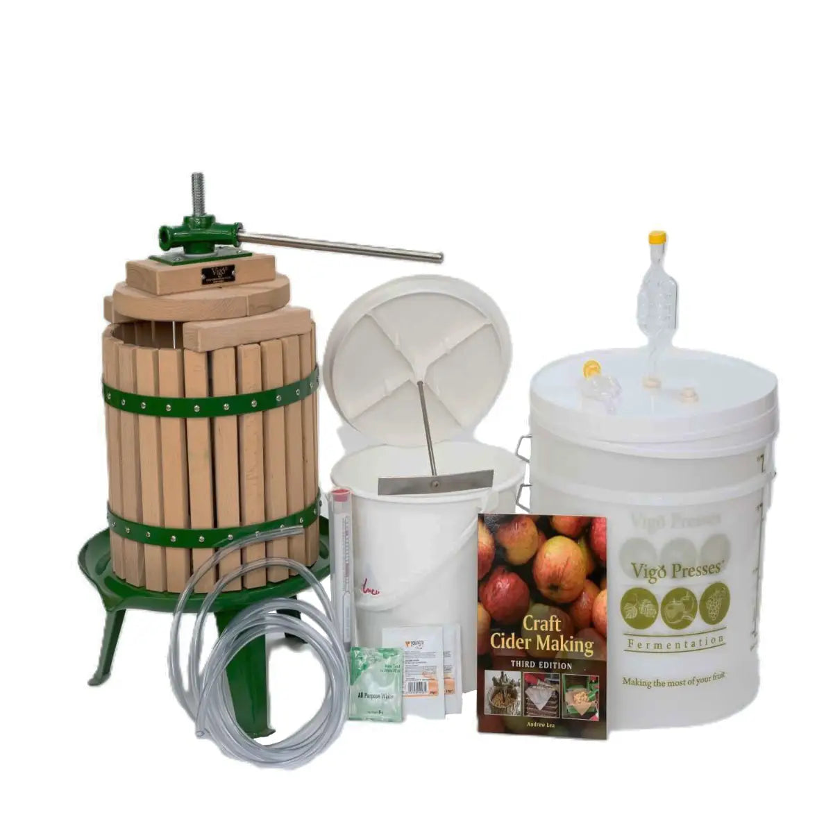 Real Apple Cider Making Kit with 12 Litre Vigo Hobby Press including press, fermentation bucket, and cider recipe book.