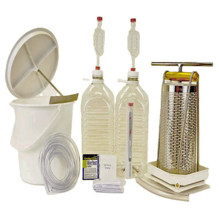 Real Apple Cider Making Kit with 4.5 Litre Press components including press, demijohns, airlocks, and straining bag.