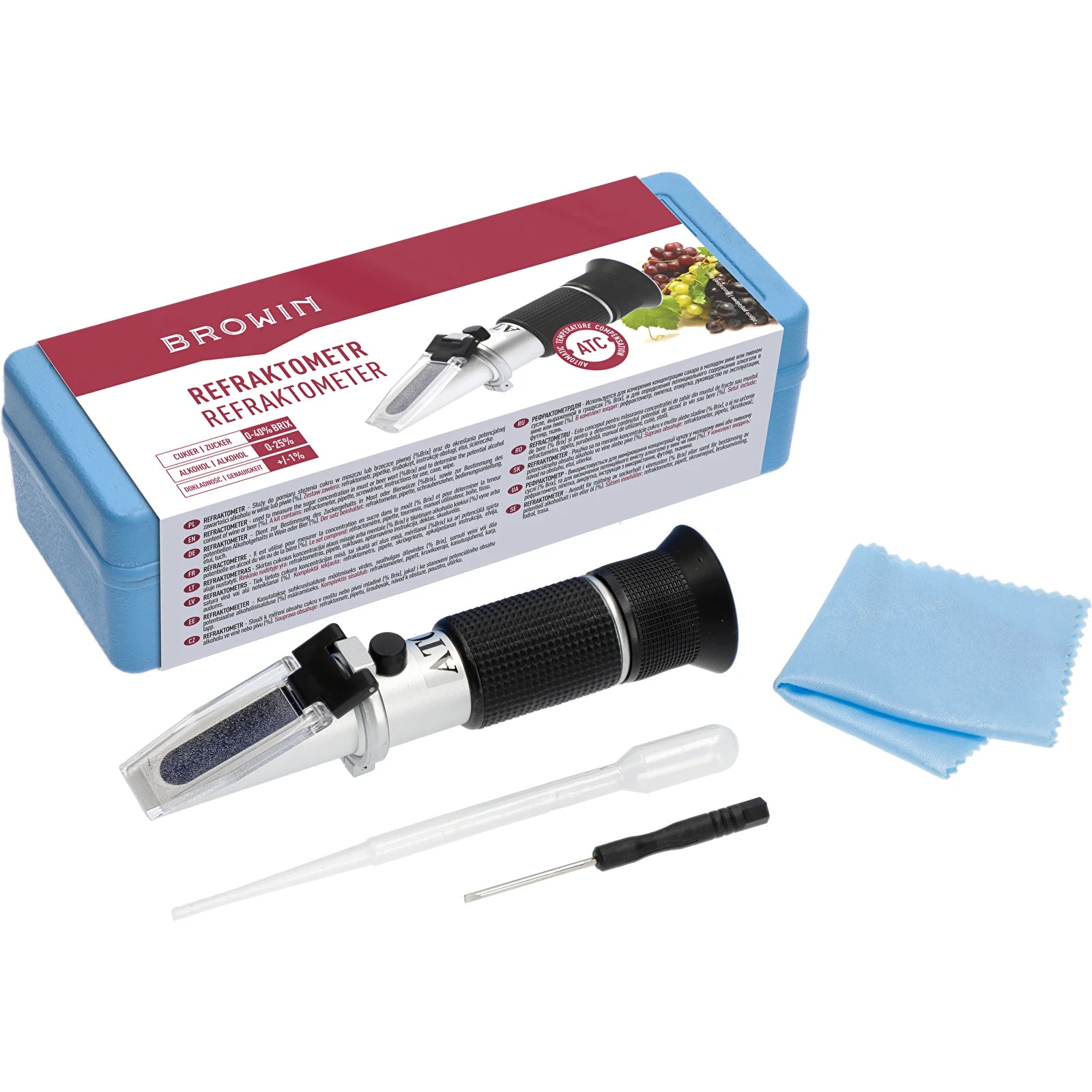 Browin refractometer set with packaging, cleaning cloth, and accessories on a white background