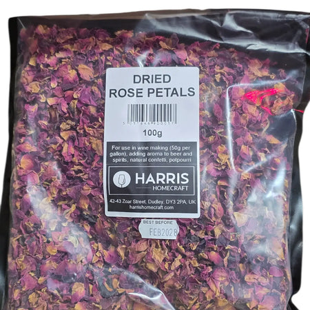 Dried Rose Petals 100g by Harris, perfect for brewing, infusions, and enhancing flavors in beverages.