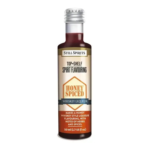 Still Spirits Top Shelf Honey Spiced Whiskey Liqueur bottle showcasing herbal and honey flavor notes.