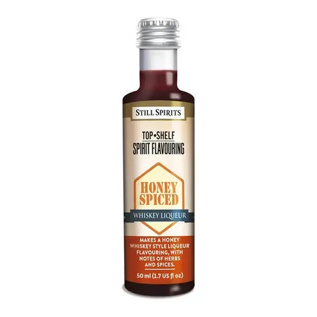 Still Spirits Top Shelf Honey Spiced Whiskey Liqueur bottle showcasing herbal and honey flavor notes.