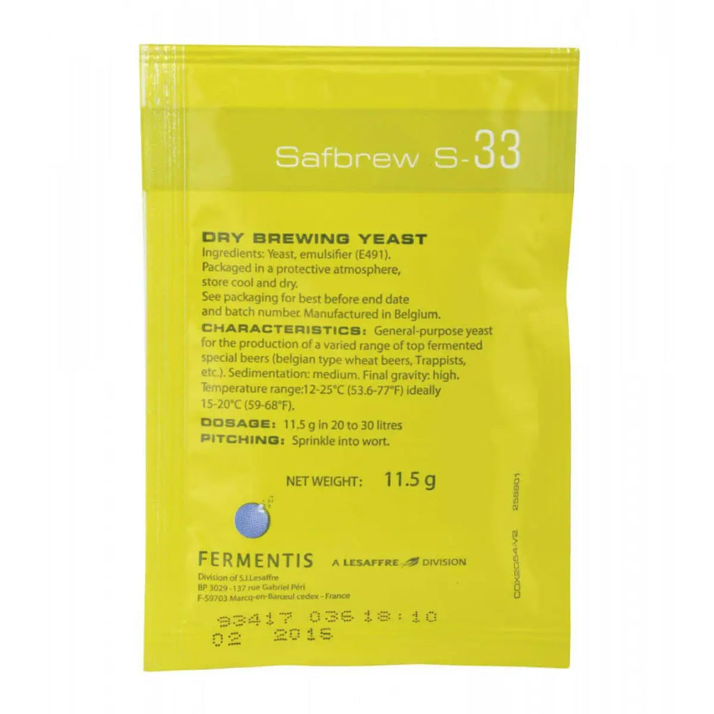 Safbrew S-33 Beer Yeast Fermentis - BBE 10/2026 packaging, dry brewing yeast for Belgian Ales and IPAs.