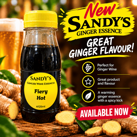 Sandy's Ginger Essence Fiery Hot 125ml bottle with ginger root and drinks, promoting great flavour.