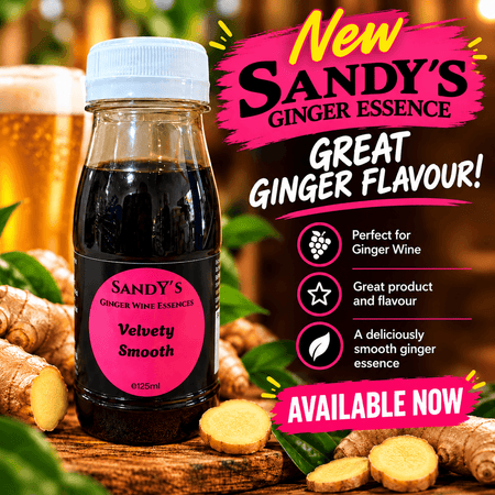 Sandy's Ginger Essence Velvety Smooth 125ml bottle with ginger root background and promotional text for great flavor and uses.