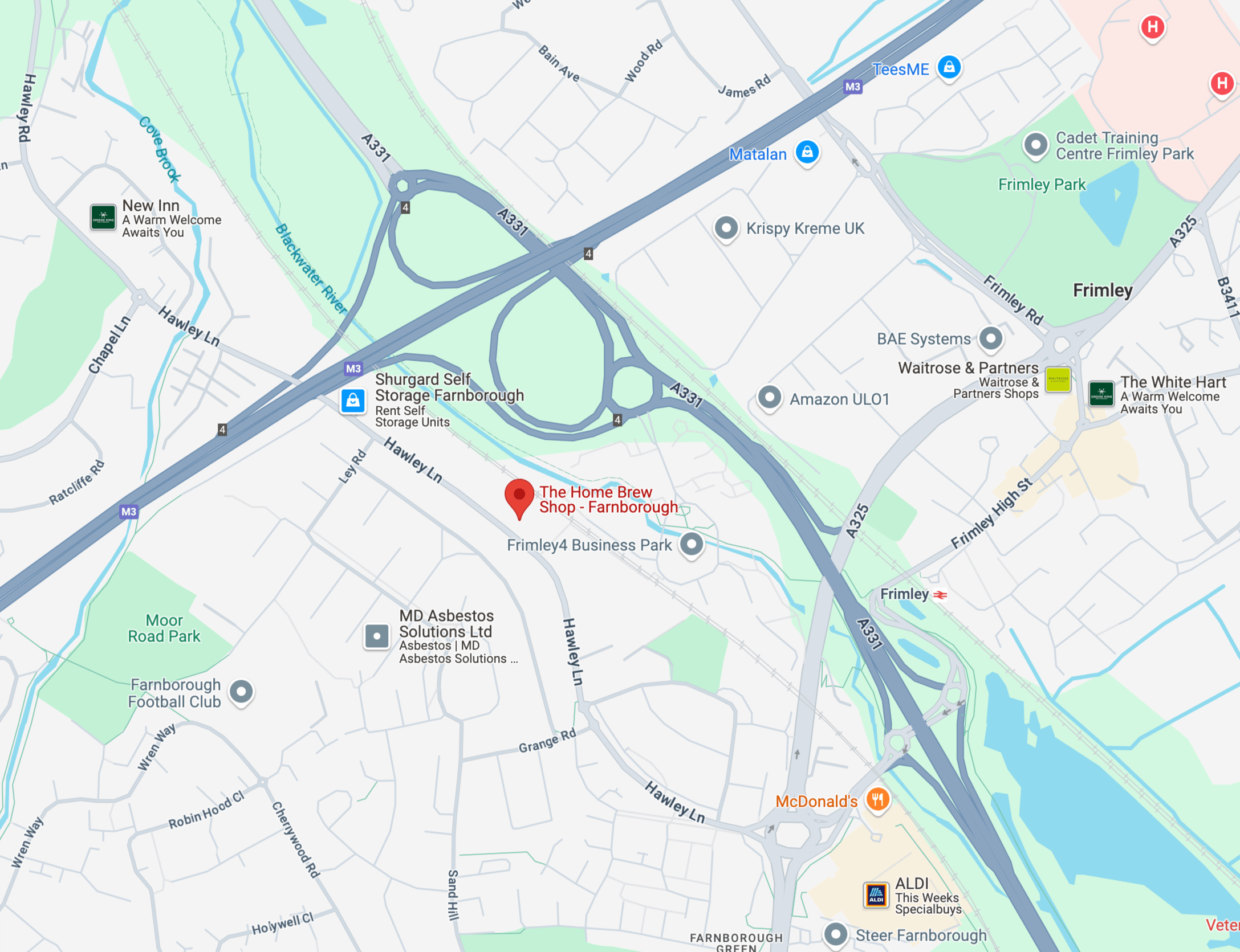 Map showing the location of The Home Brew Shop in Farnborough, along with nearby roads and landmarks.