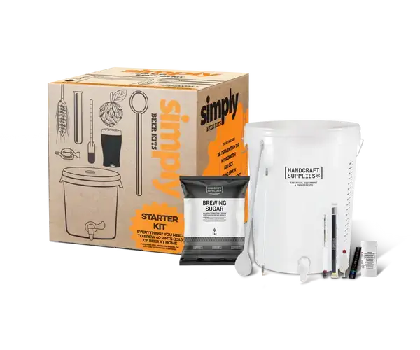 Simply Brown Ale Beer Starter Kit with brewing supplies and fermentation equipment for home brewing.
