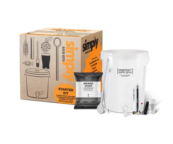 Simply Starter Kit with brewing supplies and box, ideal for home brewing enthusiasts.