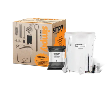 Simply Starter Kit with brewing supplies and box, ideal for home brewing enthusiasts.
